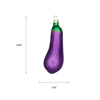 Chive glass eggplant ornament with a dimension diagram showing its curved elongated shape.