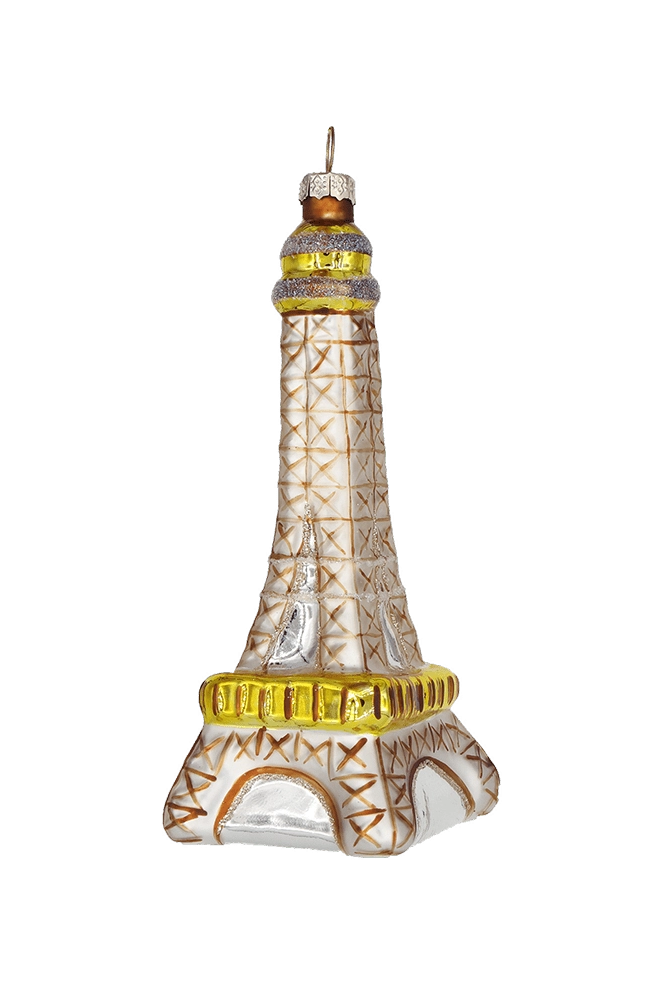 Chive glass Eiffel Tower ornament in silver and gold with a criss-cross lattice pattern.