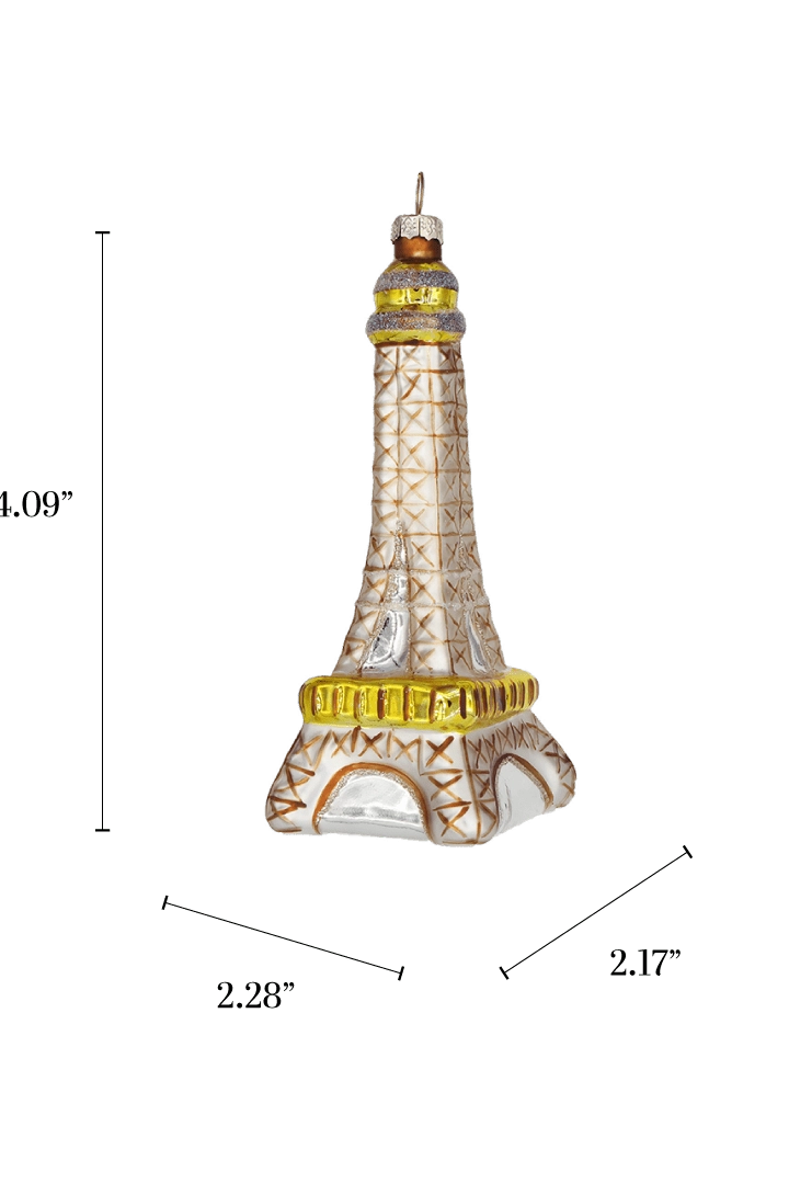 Chive glass Eiffel Tower ornament with a dimension diagram showing its tapered silhouette.