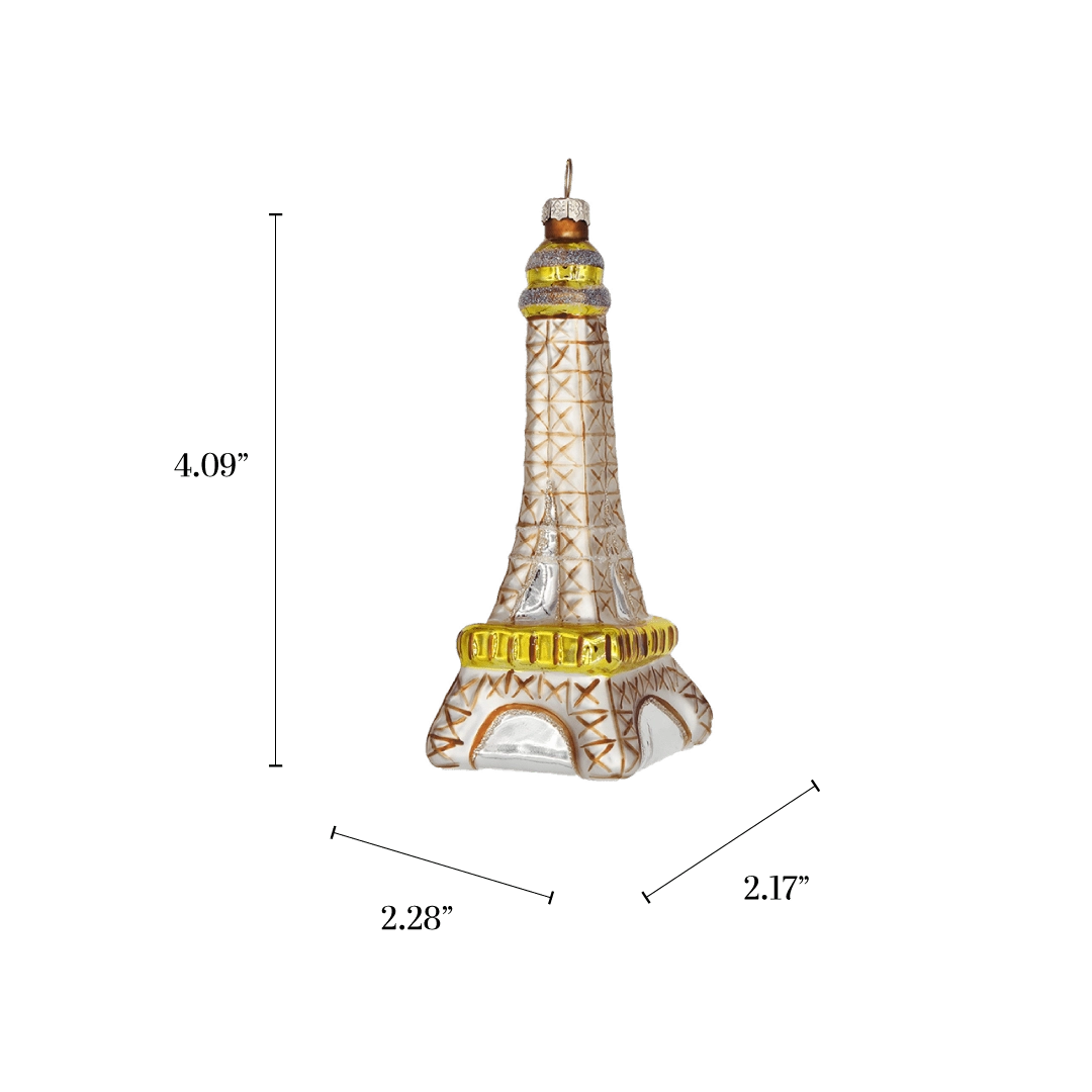 Chive glass Eiffel Tower ornament with a dimension diagram showing its tapered silhouette.