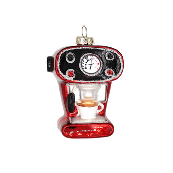 Chive glass espresso machine ornament in red with a gauge dial and mini cup detail.