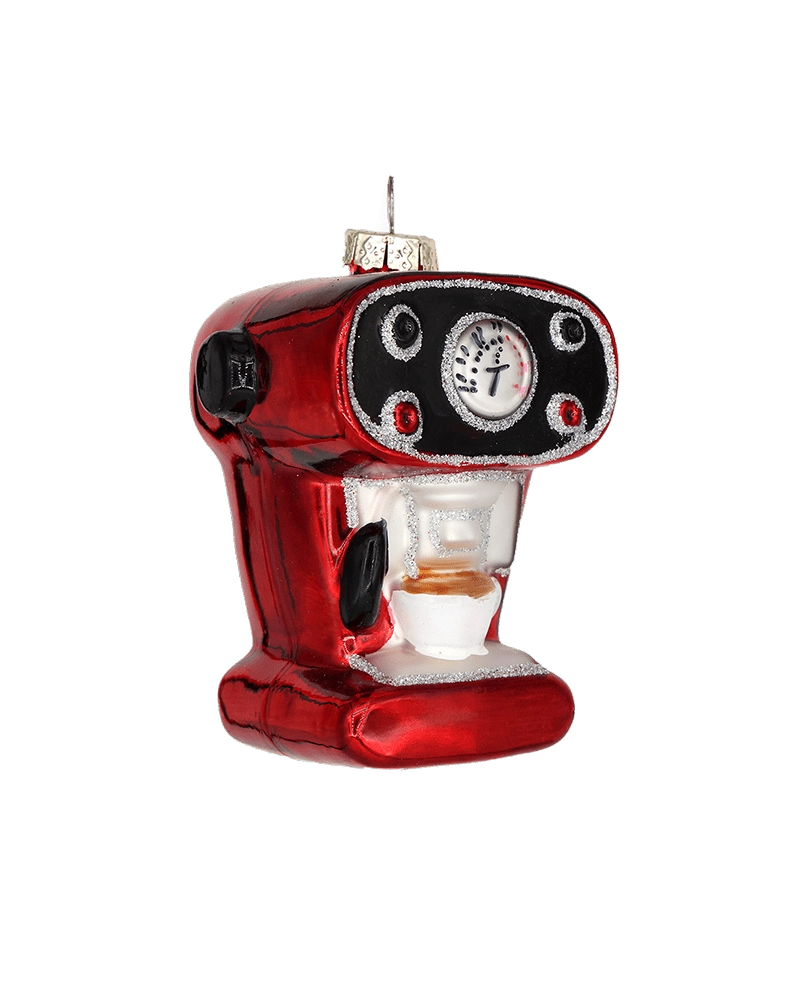 Chive glass espresso machine ornament shown at an angle with a glittered silver trim.