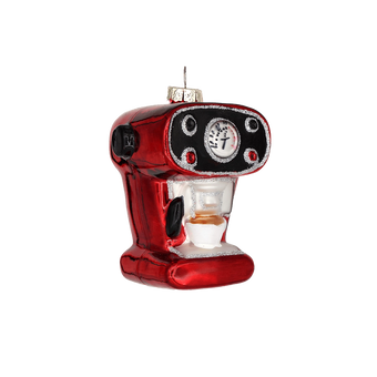Chive glass espresso machine ornament shown at an angle with a glittered silver trim.