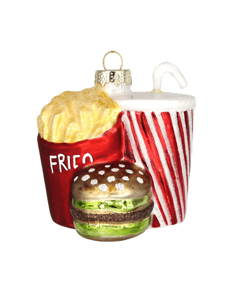 Chive glass fast food ornament grouping fries, a burger, and a striped drink cup.