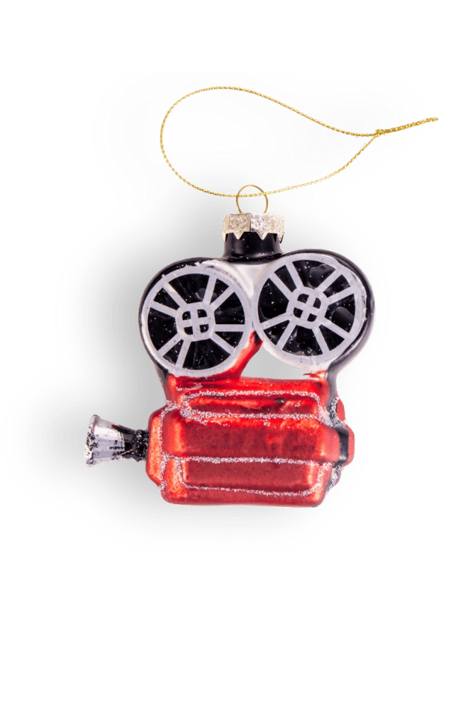 Chive glass film projector ornament in red with black-and-white reel detail.