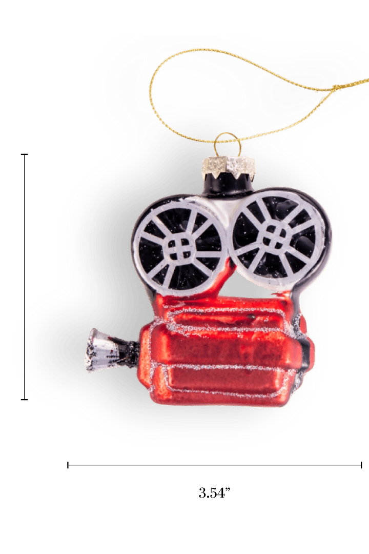 Chive glass film projector ornament with a dimension diagram showing its compact size.