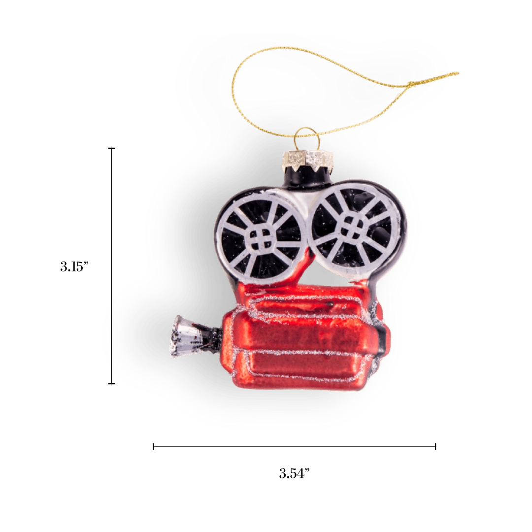 Chive glass film projector ornament with a dimension diagram showing its compact size.