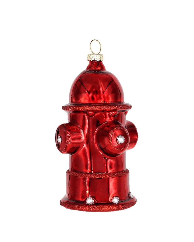 Chive glass fire hydrant ornament in glossy red with silvered cap details.