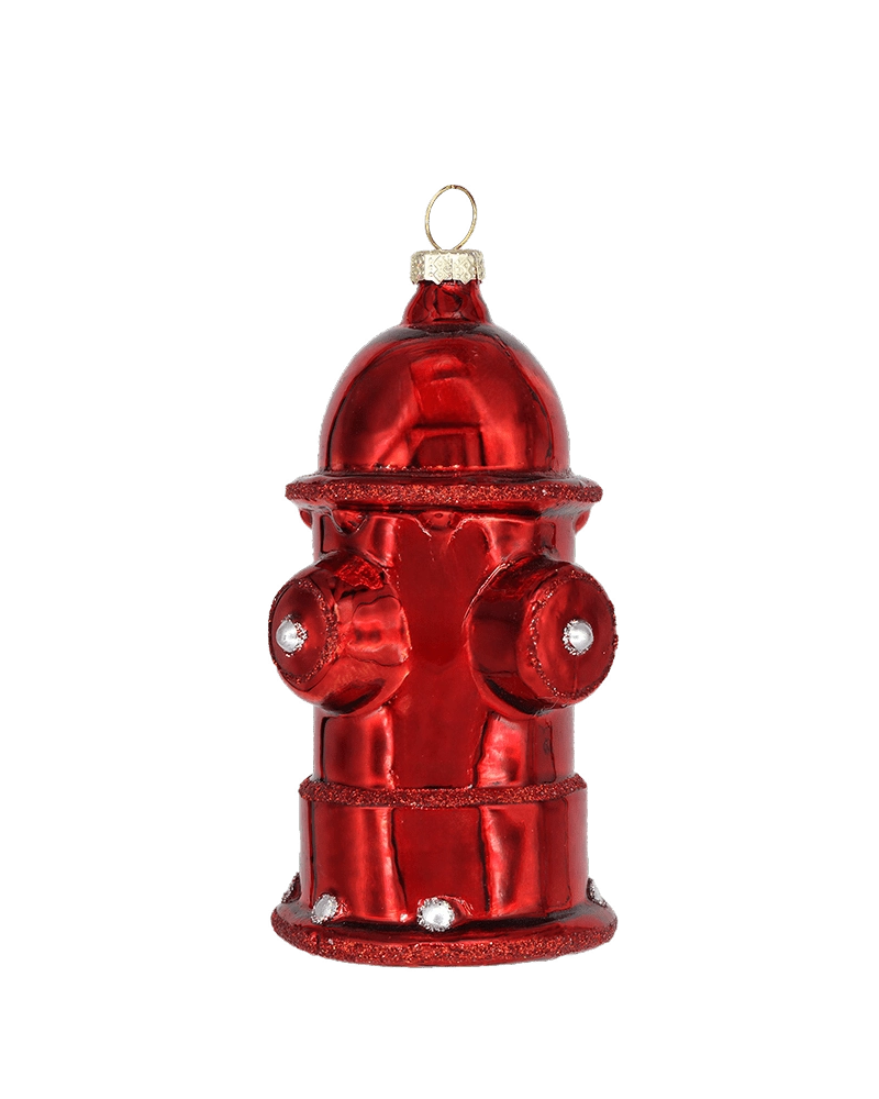 Chive glass fire hydrant ornament shown straight-on with glittered rim accents.