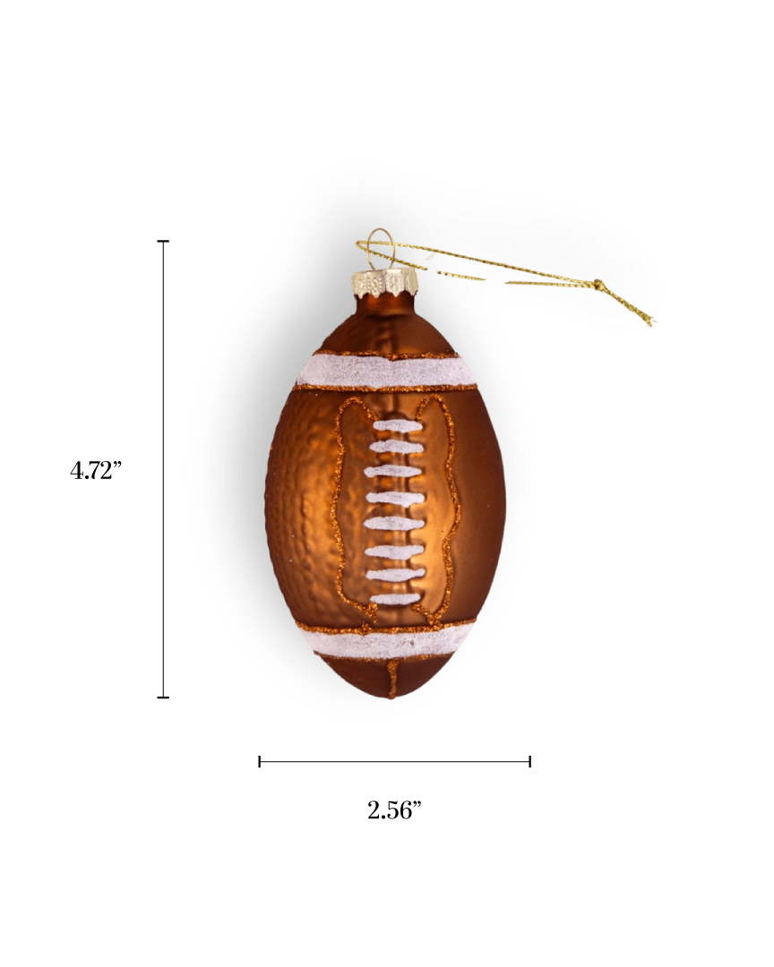 Chive glass football ornament in brown with glittered laces and stripes.
