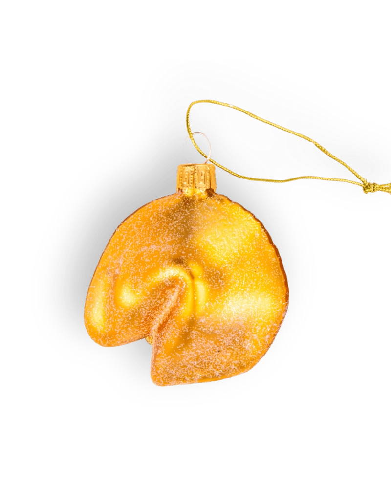 Chive glass fortune cookie ornament in golden yellow with a curved fold.