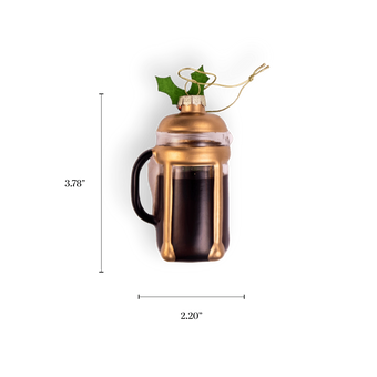 Chive glass French press ornament in gold with a holly leaf accent.
