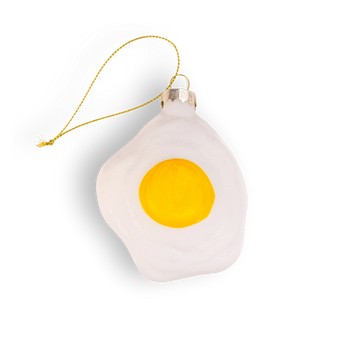 Chive glass fried egg ornament with a glossy yolk and matte white finish.