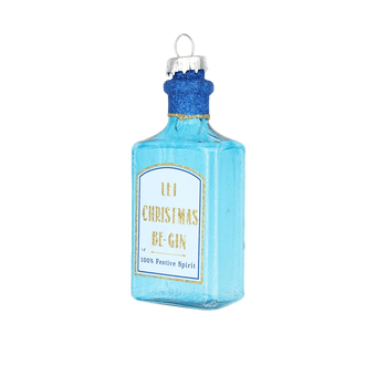 Chive glass gin bottle ornament in blue with a "Let Christmas Be-Gin" label pun.