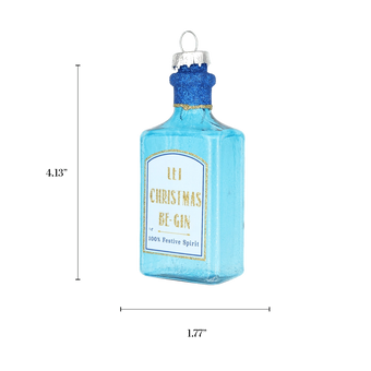 Chive glass gin bottle ornament with a dimension diagram showing its square bottle size.