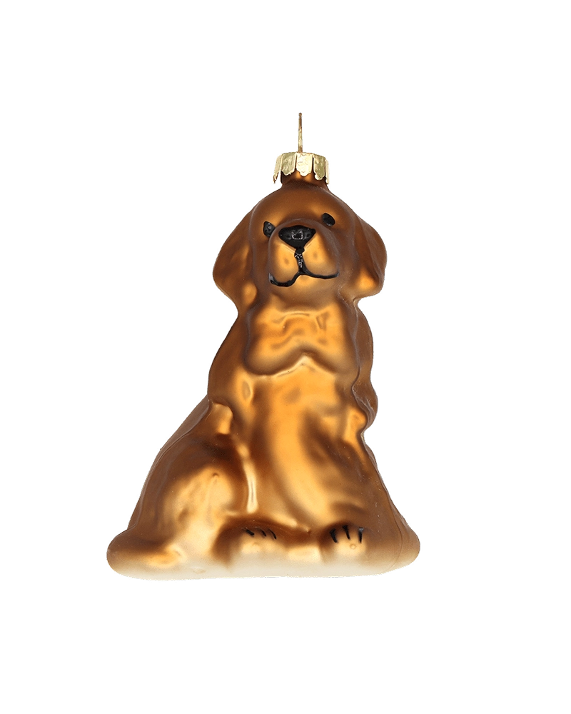 Chive glass Golden Retriever ornament in bronze tones with a seated pose and painted features.