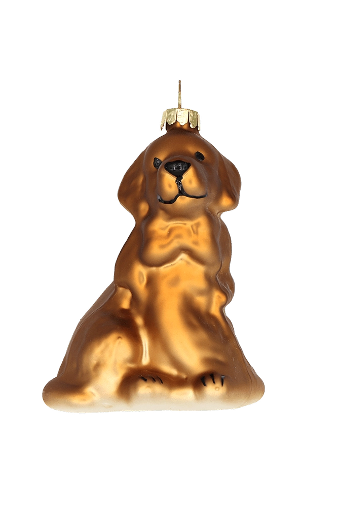 Chive glass Golden Retriever ornament in bronze tones with a seated pose and painted features.