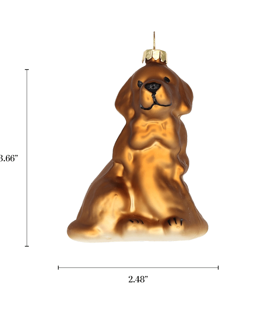 Chive glass Golden Retriever ornament with a dimension diagram showing its seated silhouette.