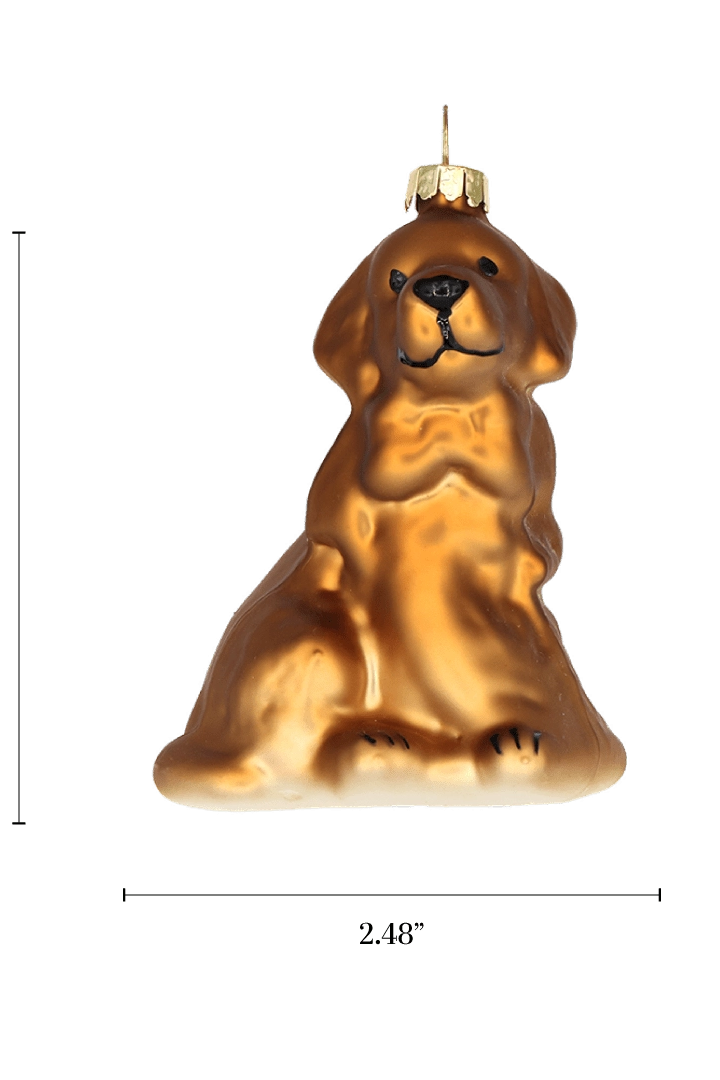 Chive glass Golden Retriever ornament with a dimension diagram showing its seated silhouette.