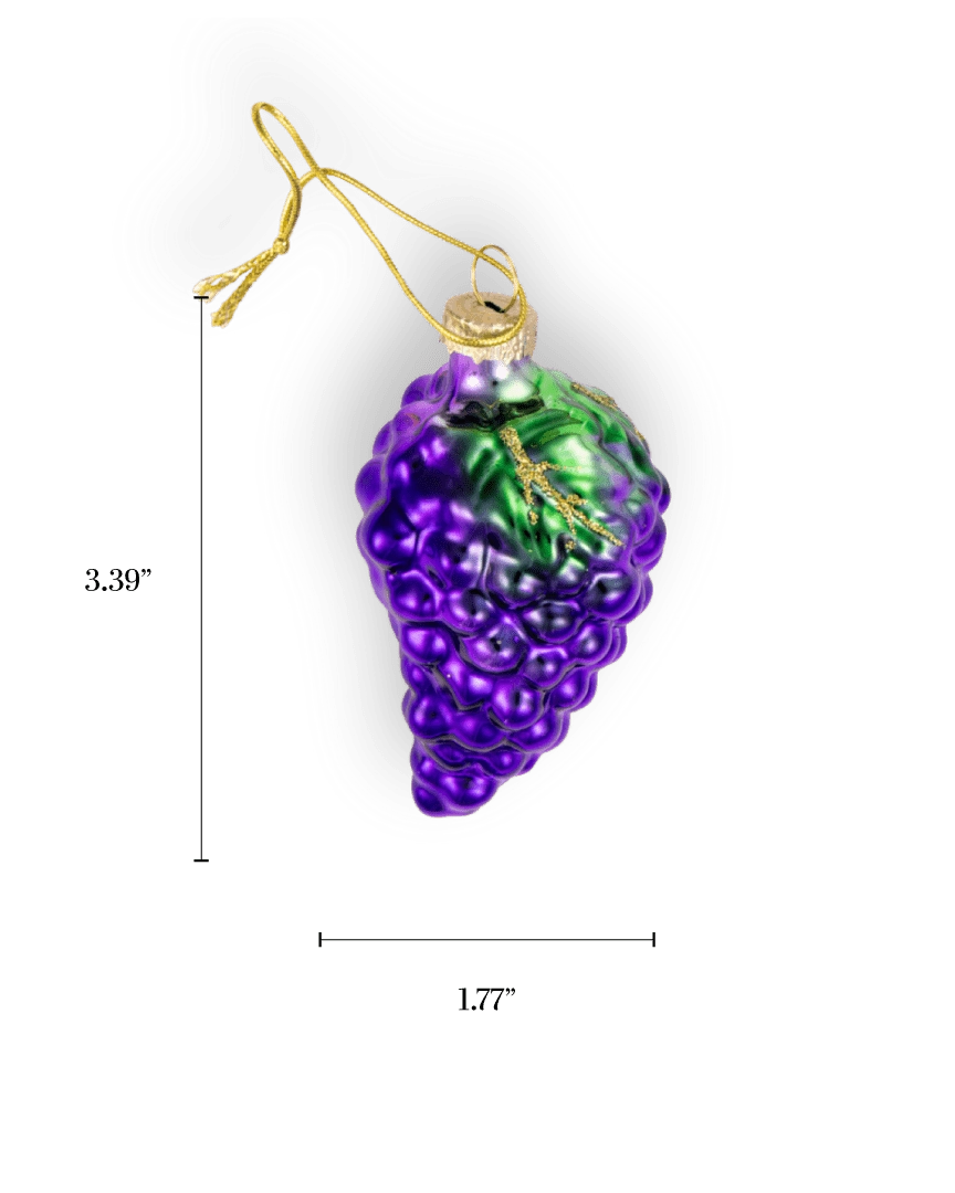 Chive glass grape cluster ornament in purple with a gold-veined leaf.