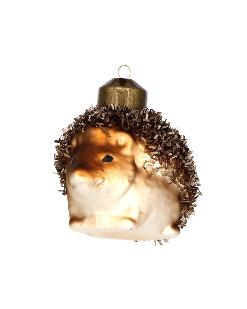 Chive glass hedgehog ornament in cream and brown with a tinsel spike border.