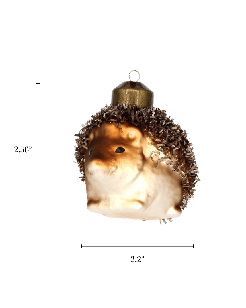 Chive glass hedgehog ornament with a dimension diagram showing its round curled shape.