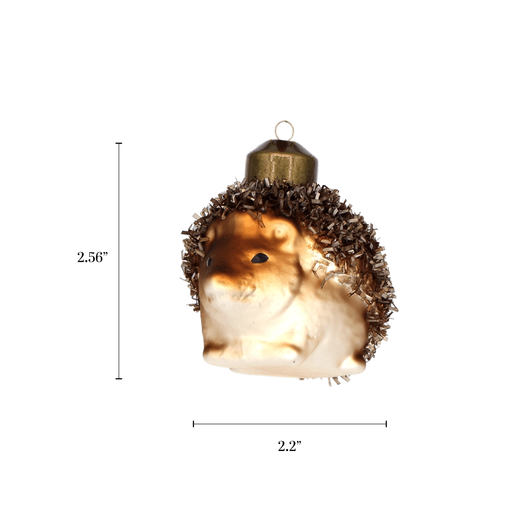 Chive glass hedgehog ornament with a dimension diagram showing its round curled shape.