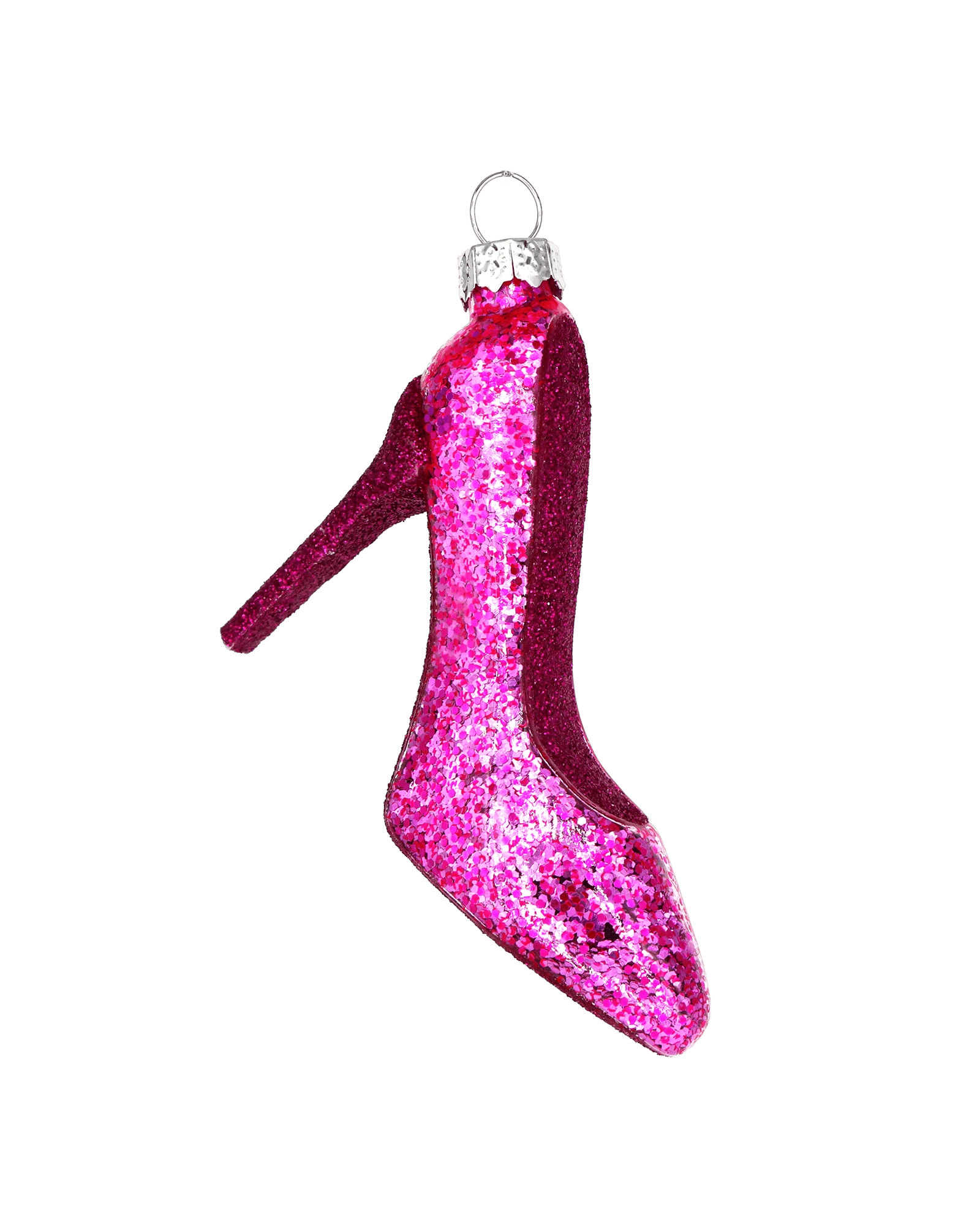 Chive glass high heel ornament covered in pink and magenta glitter.
