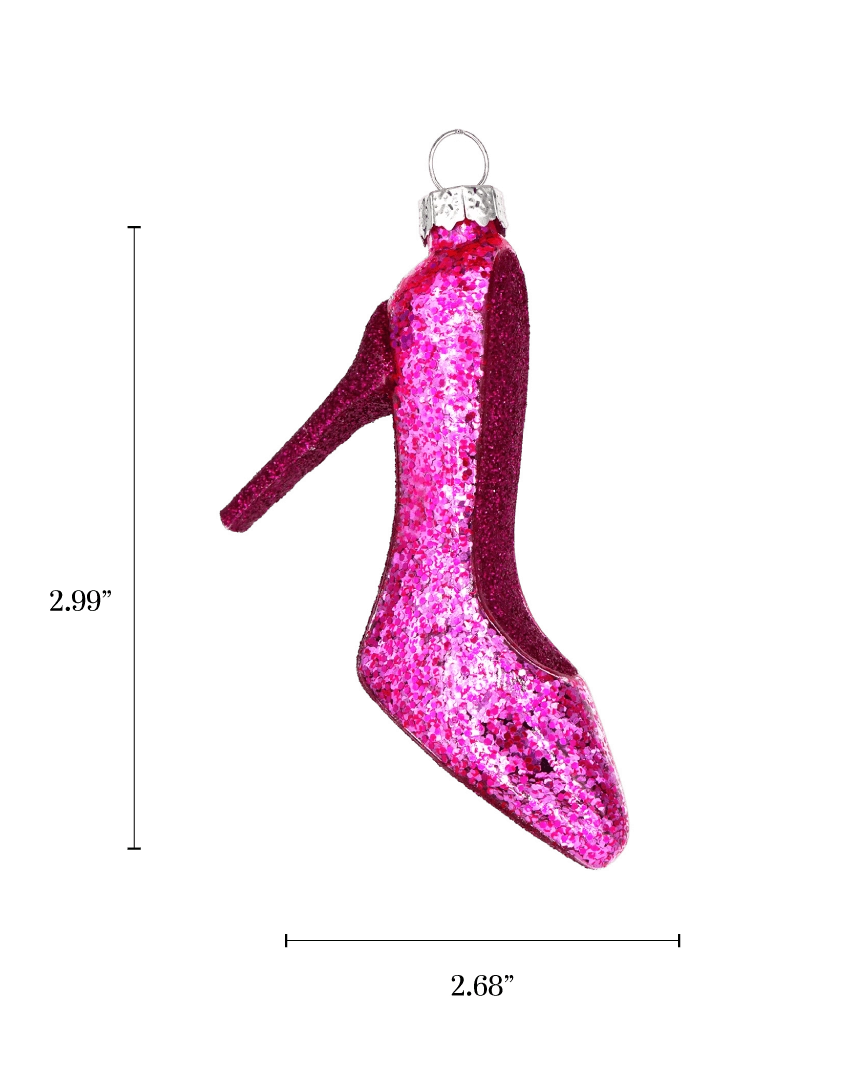 Chive glass high heel ornament with a dimension diagram showing its pointed toe shape.