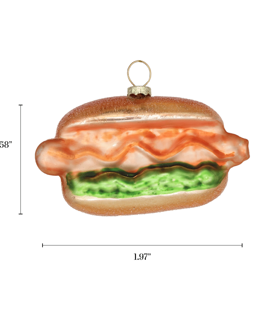Chive glass hot dog ornament with a dimension diagram showing its wide bun shape.