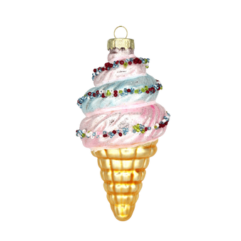 Chive glass ice cream cone ornament with swirled pink and blue scoops and beaded trim.