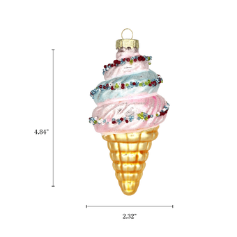 Chive glass ice cream cone ornament with a dimension diagram showing its tall swirl shape.