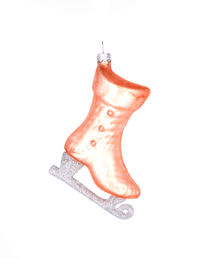 Chive glass ice skate ornament in blush pink with a glittered silver blade.