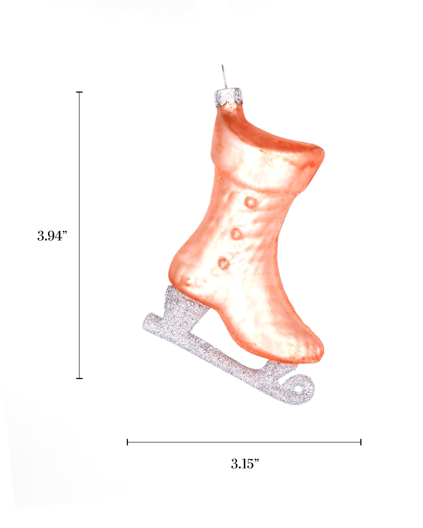 Chive glass ice skate ornament with a dimension diagram showing its boot-shaped size.