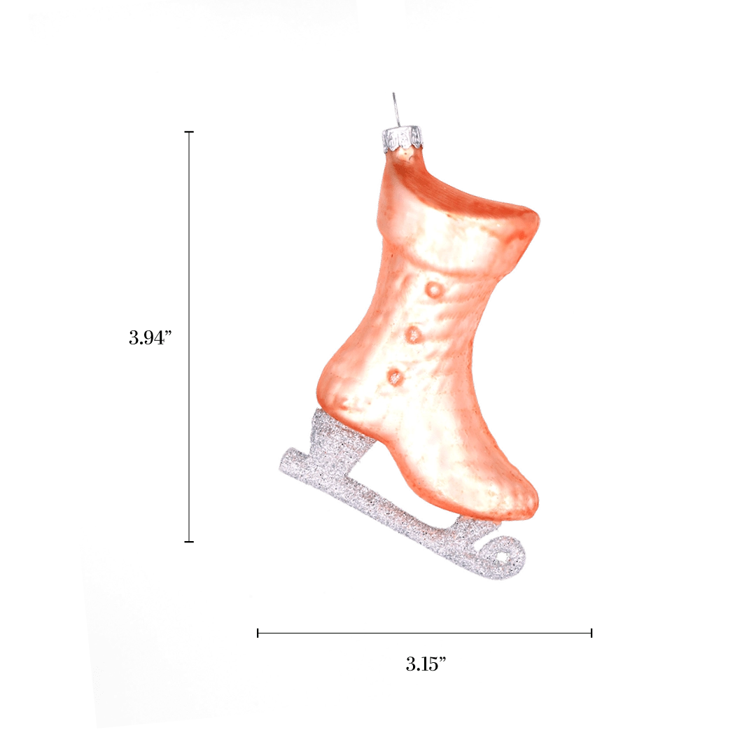 Chive glass ice skate ornament with a dimension diagram showing its boot-shaped size.