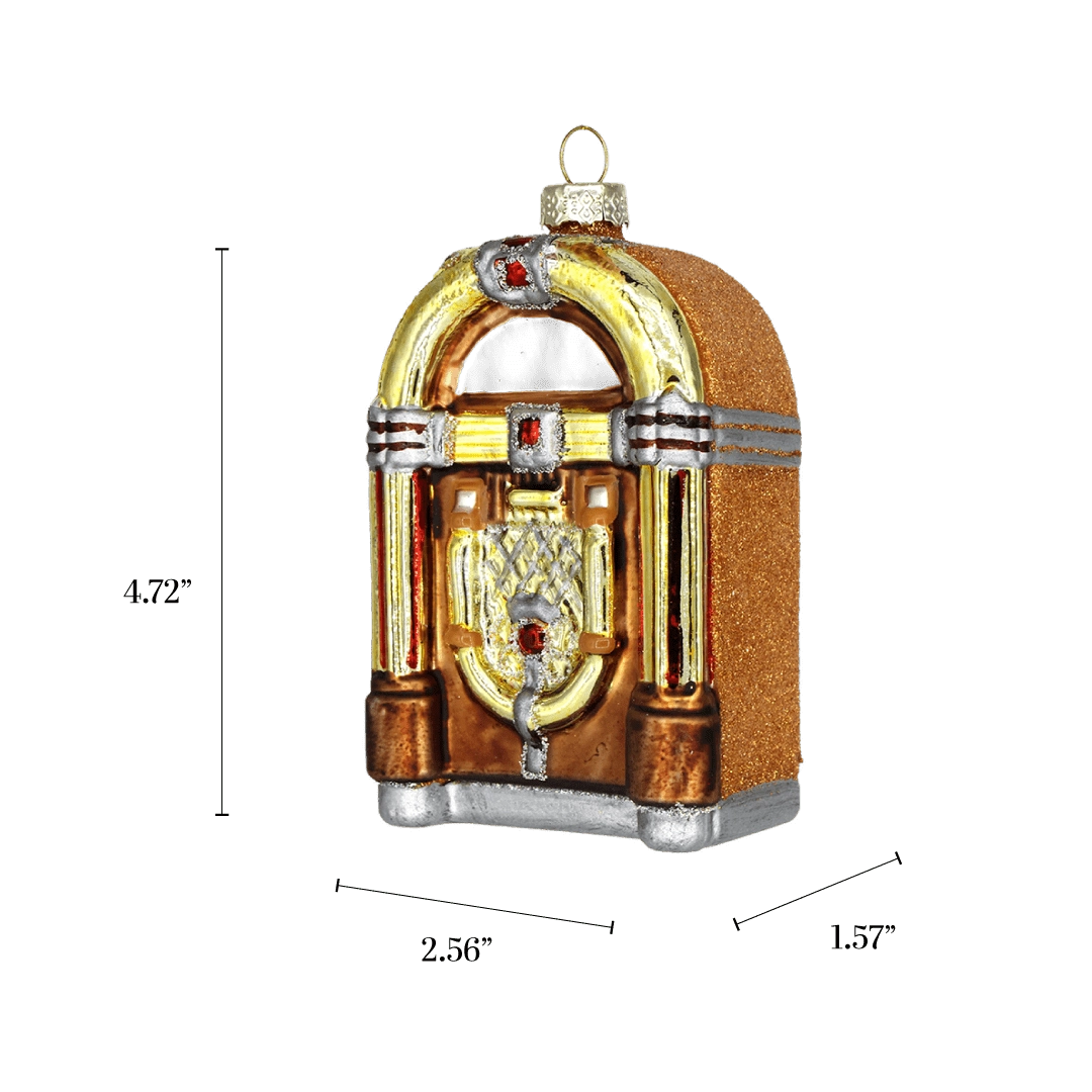 Chive glass jukebox ornament with a dimension diagram showing its tall arched shape.