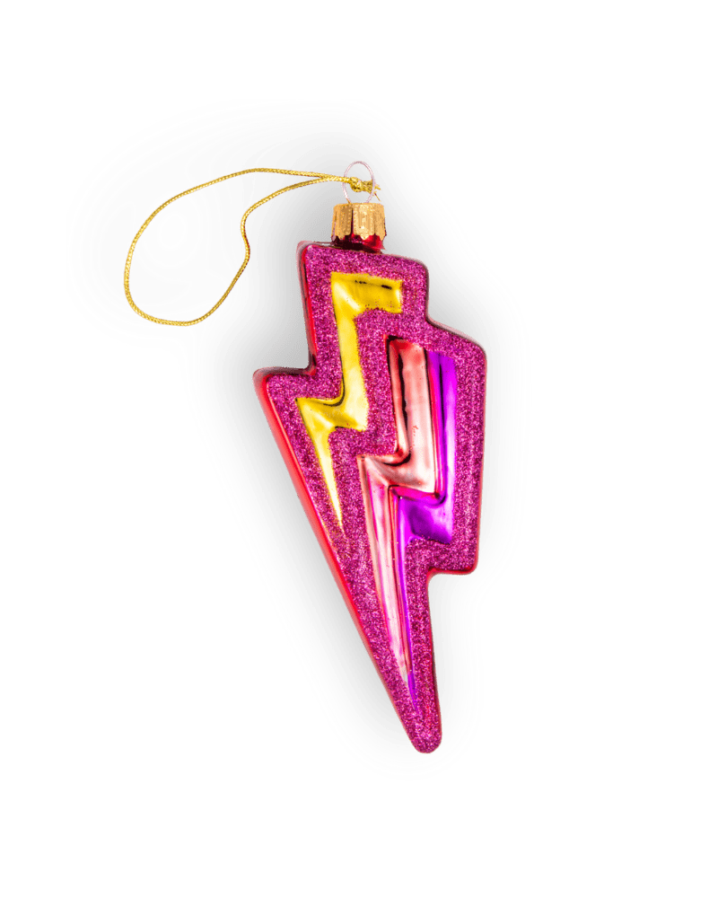 Chive glass lightning bolt ornament in magenta glitter with a bold color streak.