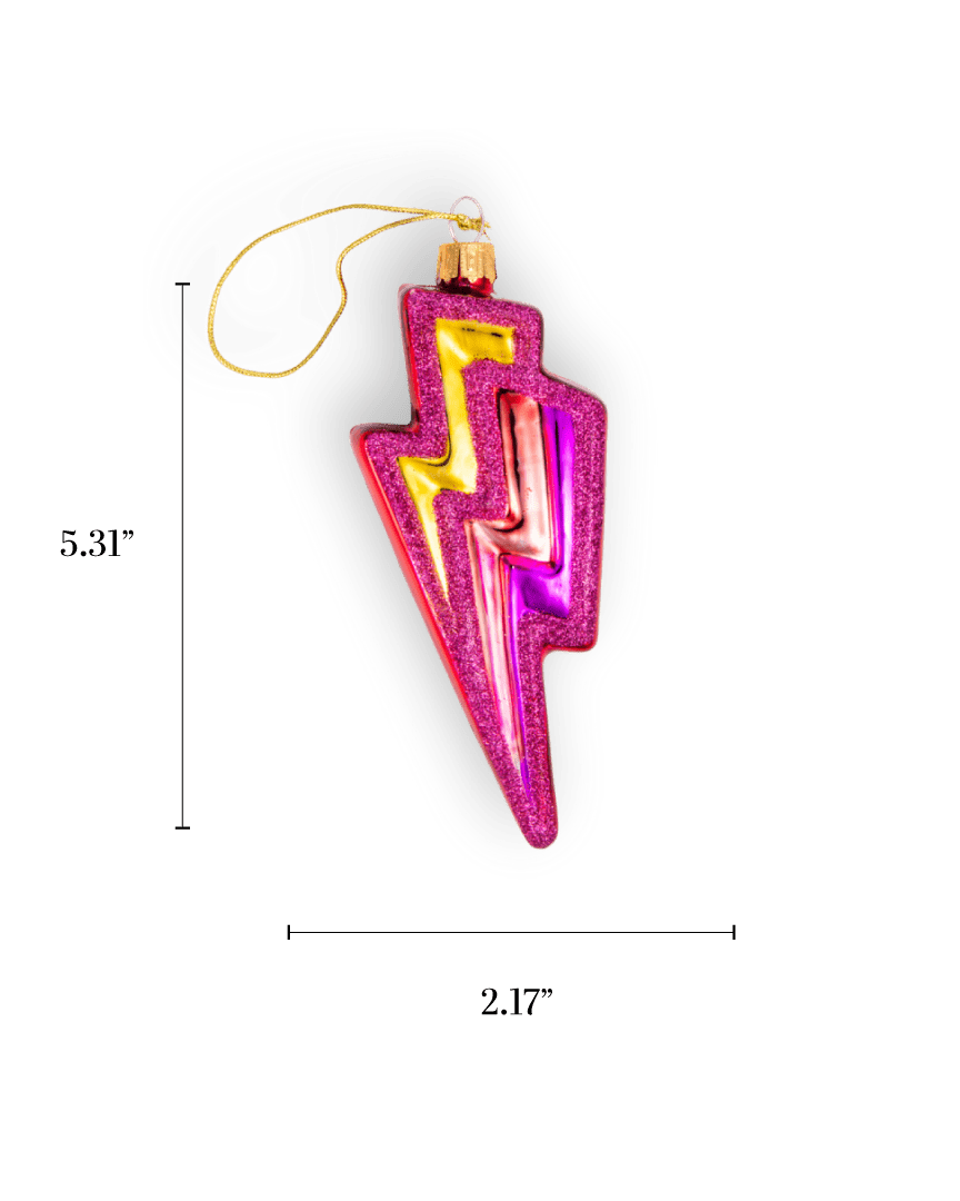 Chive glass lightning bolt ornament in pink glitter with a rainbow inlay.