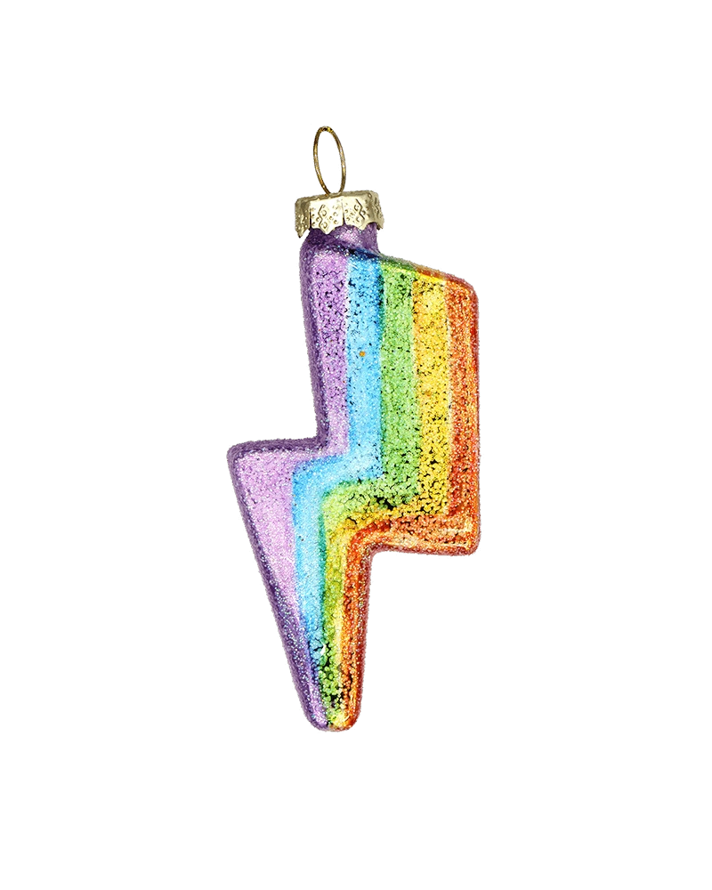 Chive glass lightning bolt ornament with a glittered rainbow gradient finish.