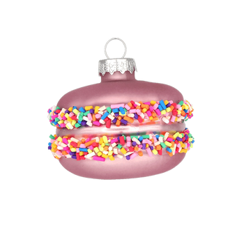 Chive glass macaron ornament in pink with a colorful sprinkle-covered filling.
