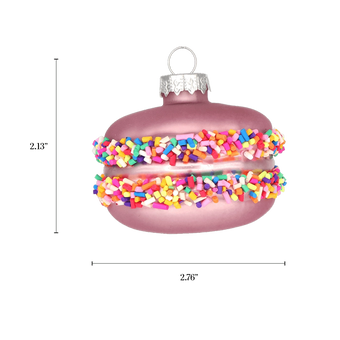Chive glass macaron ornament with a dimension diagram showing its small round shape.