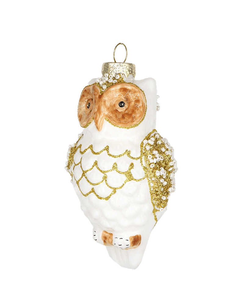 Chive glass owl ornament in white with gold glitter wings and beaded snowflake accents.