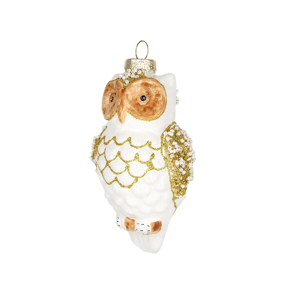 Chive glass owl ornament in white with gold glitter wings and beaded snowflake accents.