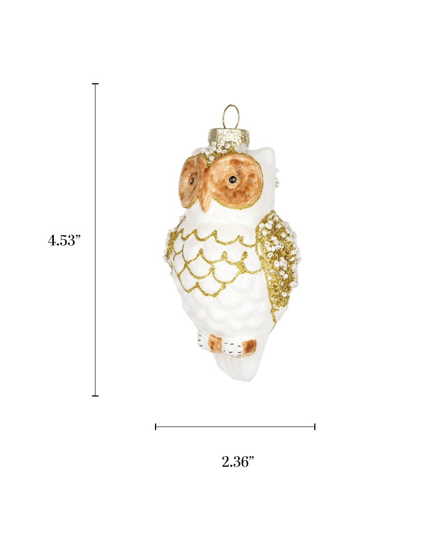 Chive glass owl ornament in white with a gold glitter belly pattern and amber eyes.