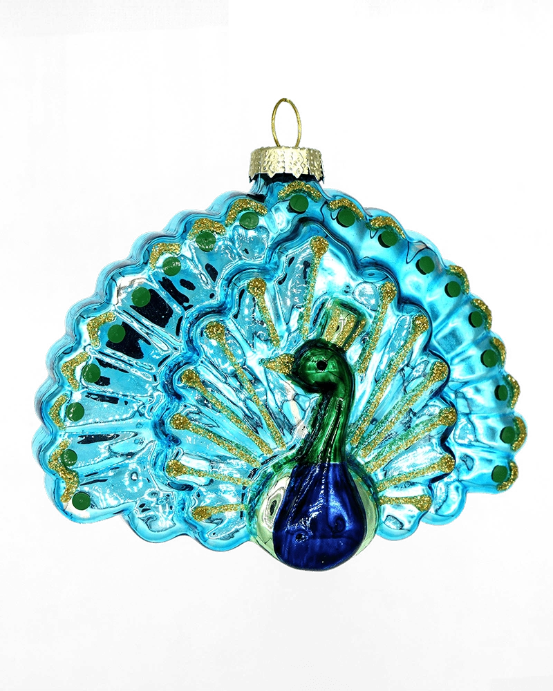 Chive glass peacock ornament with a fanned turquoise tail and glittered feather eyes.