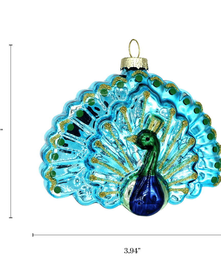 Chive glass peacock ornament with a dimension diagram showing its wide fanned shape.