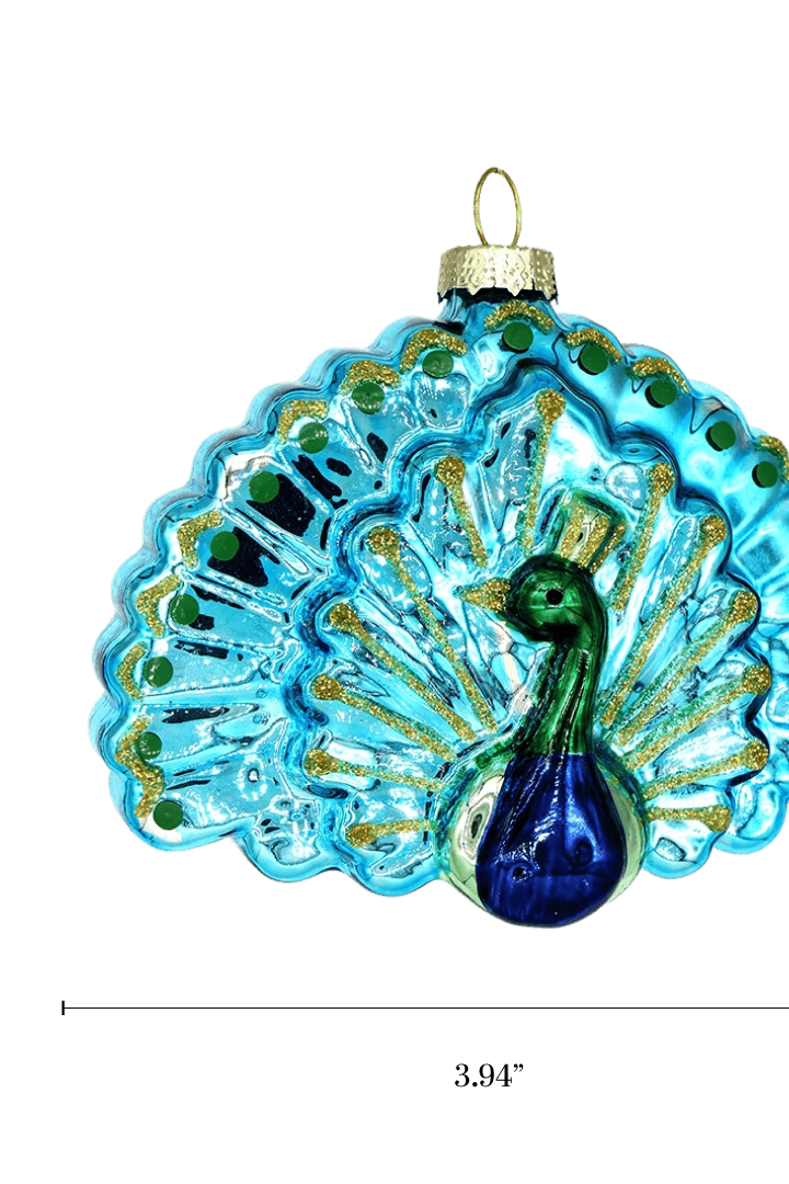 Chive glass peacock ornament with a dimension diagram showing its wide fanned shape.