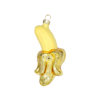 Chive glass peeled banana ornament with glossy yellow finish and curled peel detail.