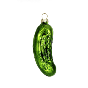 Chive glass pickle ornament in glossy green with textured seed and skin detail.