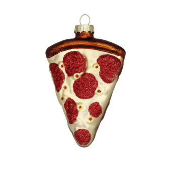 Chive glass pizza slice ornament with glittered pepperoni and a browned crust edge.